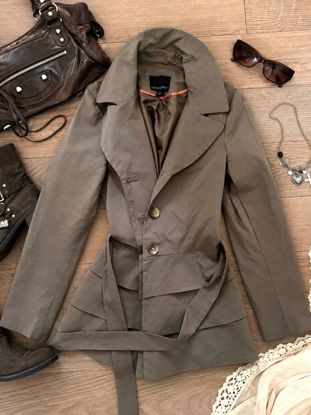 cynthia rowley taupe belted ruffle skirt trench coat